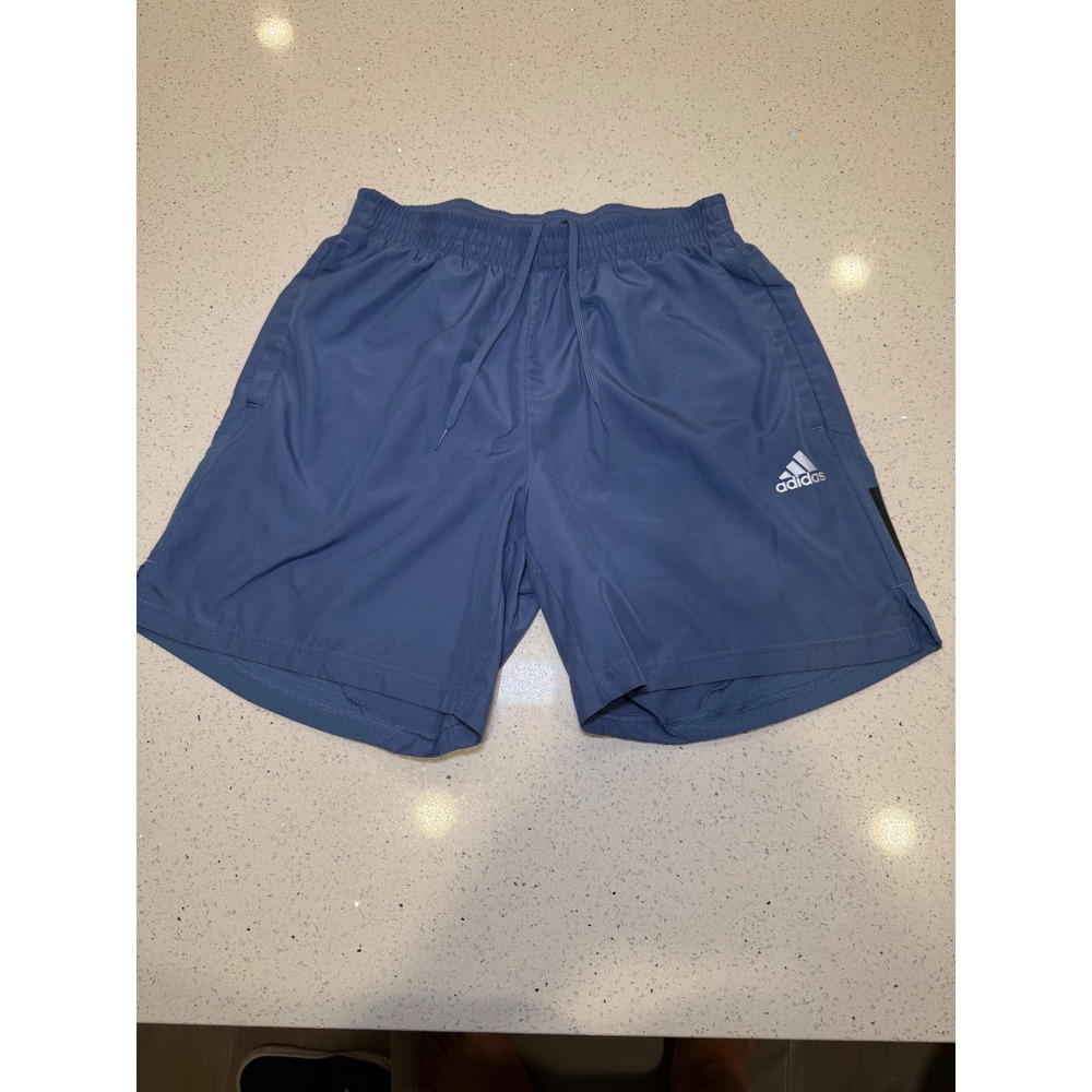 Adidas Mens Running Training Shorts Blue 3-Stripe Elastic Waist Pockets Gym